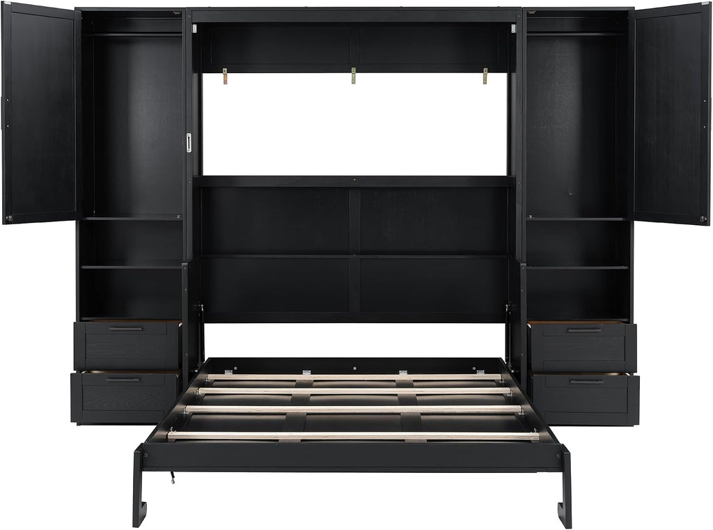 Merax Queen Size Murphy Bed with Desk, Multifunctional Foldable Wall Bed with Closet, Drawers and Shelves, Space-Saving Wood Bed Frame for Small Space Studio Study Office Guest Room, Black(Oak Veneer)