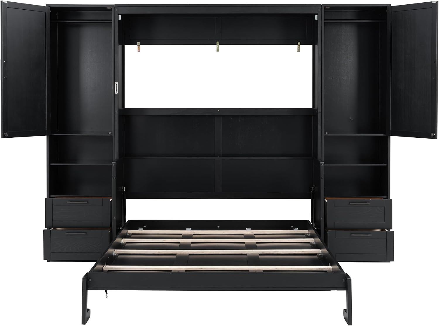 Merax Queen Size Murphy Bed with Desk, Multifunctional Foldable Wall Bed with Closet, Drawers and Shelves, Space-Saving Wood Bed Frame for Small Space Studio Study Office Guest Room, Black(Oak Veneer)