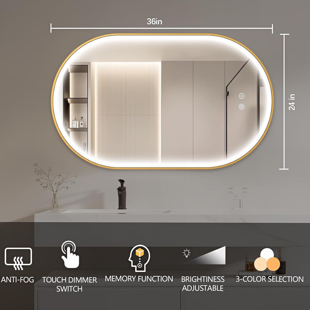 36'x24' Oval Led Mirror for Bathroom, Gold Metal Framed Lighted Vanity Mirror with Lights, Anti-Fog Light Up Mirror with 3 Colors Dimmable, Frontlit, Shatterproof, Horizontal/Vertical