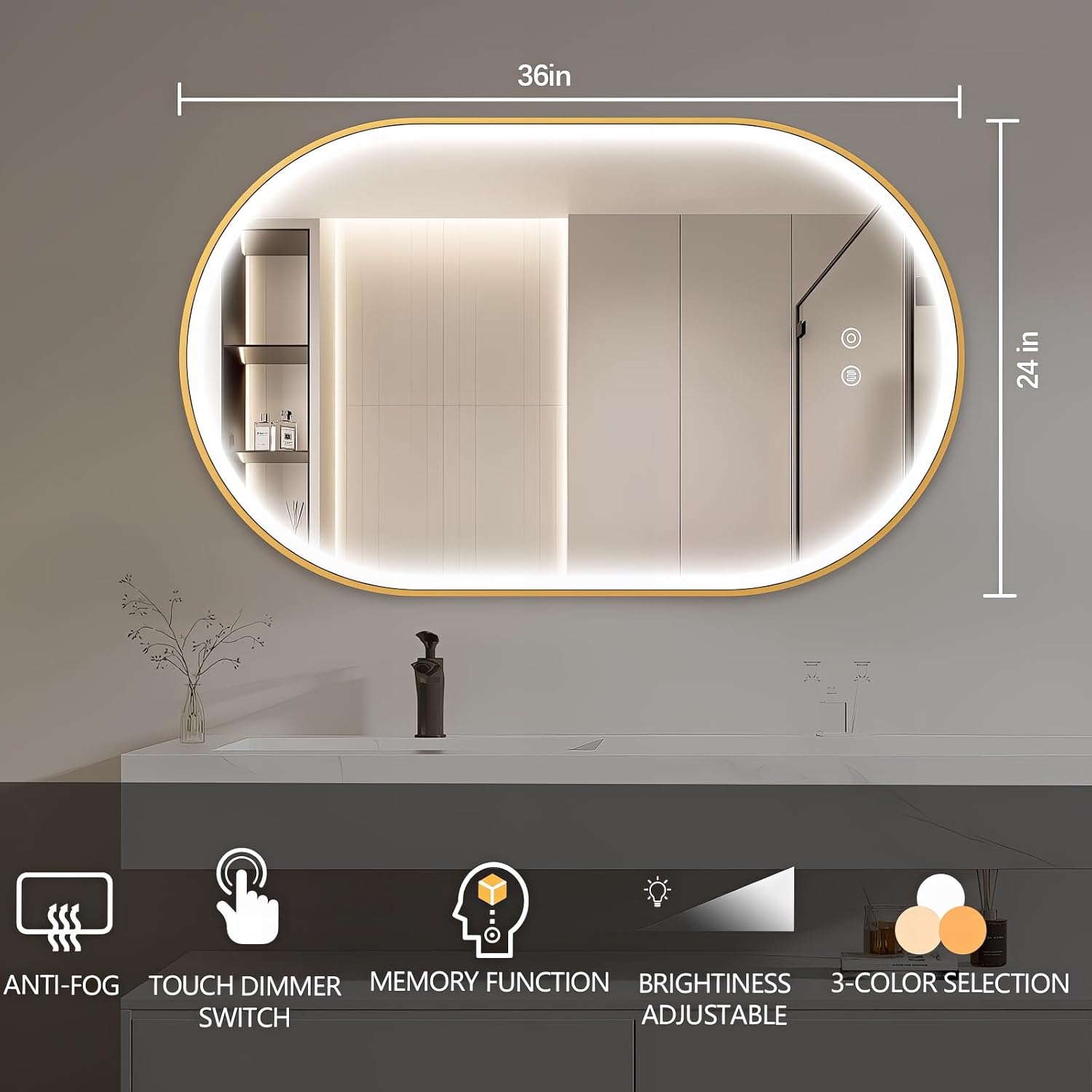 36'x24' Oval Led Mirror for Bathroom, Gold Metal Framed Lighted Vanity Mirror with Lights, Anti-Fog Light Up Mirror with 3 Colors Dimmable, Frontlit, Shatterproof, Horizontal/Vertical