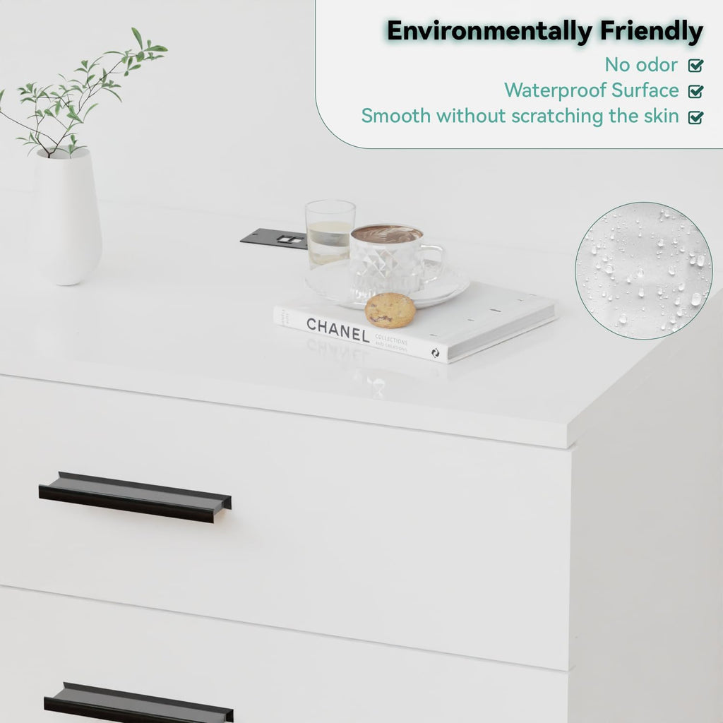 FJTJBSI Dresser with Power Outlets Wooden 4 Drawer Dresser with USB and Type C Port Chest of Drawers for Bedroom Tall White Organizer Storage for Living Room Hallway Closet