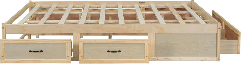 SOFTSEA Queen Size Bed Frame with 6 Storage Drawers, Wood Platform Bed Frame No Headboard with Support Slats, Farmhosue Platform Bed with Drawers, No Box Spring Needed, Easy Assembly, Antique Natural
