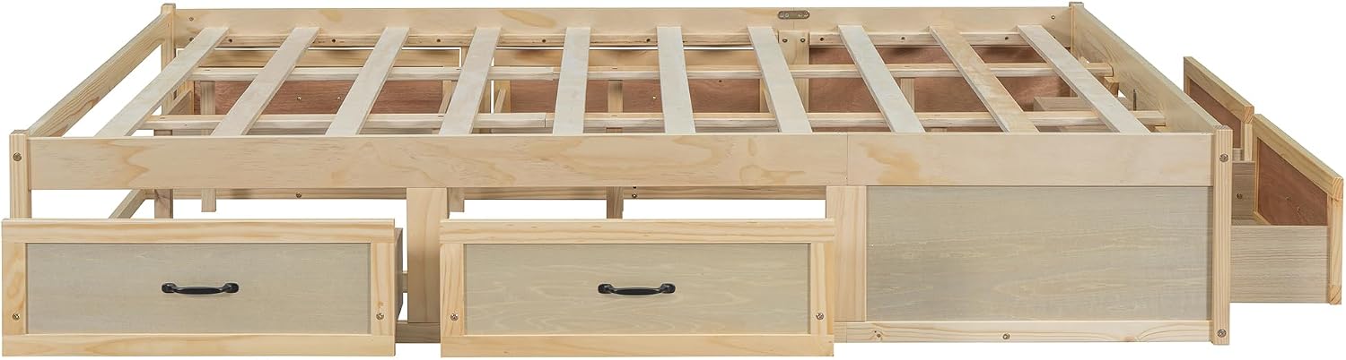 SOFTSEA Queen Size Bed Frame with 6 Storage Drawers, Wood Platform Bed Frame No Headboard with Support Slats, Farmhosue Platform Bed with Drawers, No Box Spring Needed, Easy Assembly, Antique Natural