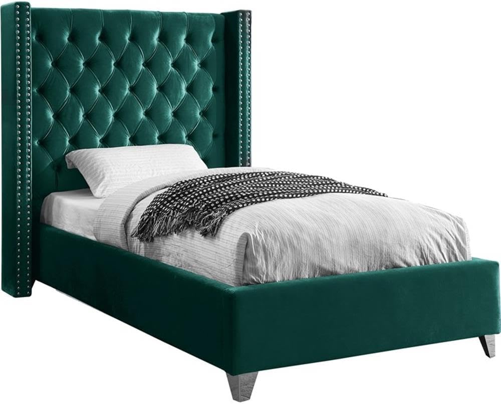 Meridian Furniture Aiden Collection Modern | Contemporary Velvet Upholstered Bed with Deep Button Tufting, Solid Wood Frame, and Custom Chrome Legs, Twin, Green