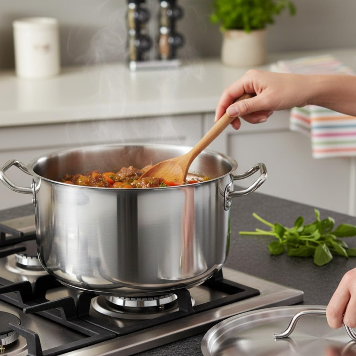 TrueCraftware- 15 Quart Stainless Steel Braiser Pot with Encapsulated Base and Cover- Heavy-Duty Brazier Pot Cookware Braiser for Soup Meat Bread Baking Dishwasher Safe and Oven Safe NSF Certified