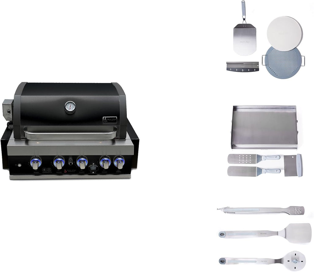 Mont Alpi MABi400-BSSTOOLKIT 32-inch 4 Burner 63000 BTU Black Stainless Steel Built-in Gas Grill + Universal Flat Top Griddle Kit & Pizza Converter + Barbecue 3 Piece Tool Kit with Cleaning Brush