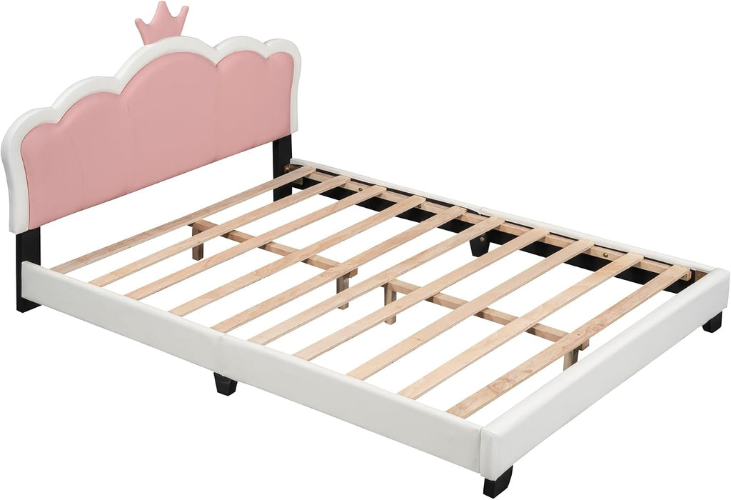 Merax Kid Full Upholstered Day Bed Frame with Crown Headboard, Wood Princess Low Platform Bed for Boys Girls,Easy Assemble White+Pink