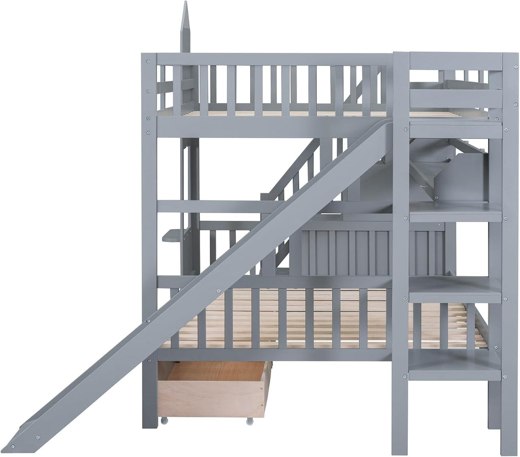 Harper & Bright Designs Full Over Full Bunk Bed with Stairs and Slide, Solid Wood Bunk Bed Frame with Storage Drawers and Bookshelves, for Kids Teens Adults- Gray
