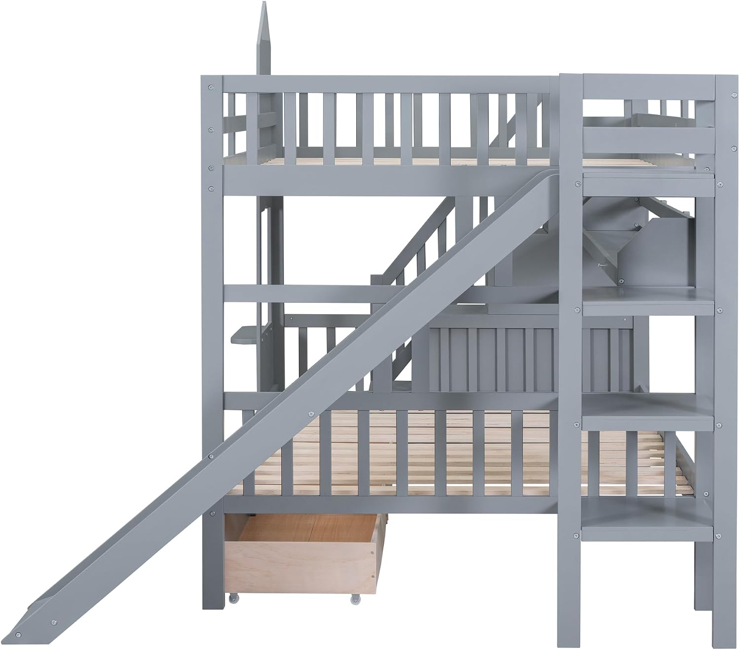 Harper & Bright Designs Full Over Full Bunk Bed with Stairs and Slide, Solid Wood Bunk Bed Frame with Storage Drawers and Bookshelves, for Kids Teens Adults- Gray