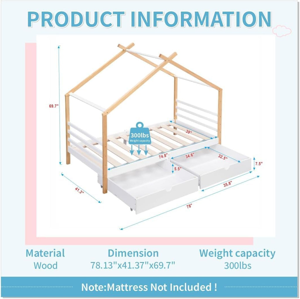 Twin Size House Bed with Storage Drawers for Kid Bedroom, Twin Wood Bed Frames for Boys Girls, Playhouse Platform Bed Frame with Roof, No Box Spring Needed, 78.13' L x 41.3' W x 70' H