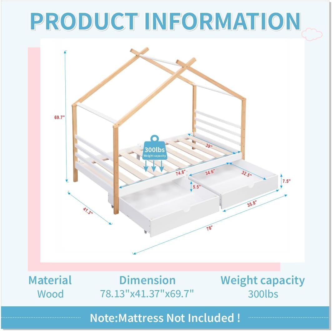 Twin Size House Bed with Storage Drawers for Kid Bedroom, Twin Wood Bed Frames for Boys Girls, Playhouse Platform Bed Frame with Roof, No Box Spring Needed, 78.13' L x 41.3' W x 70' H