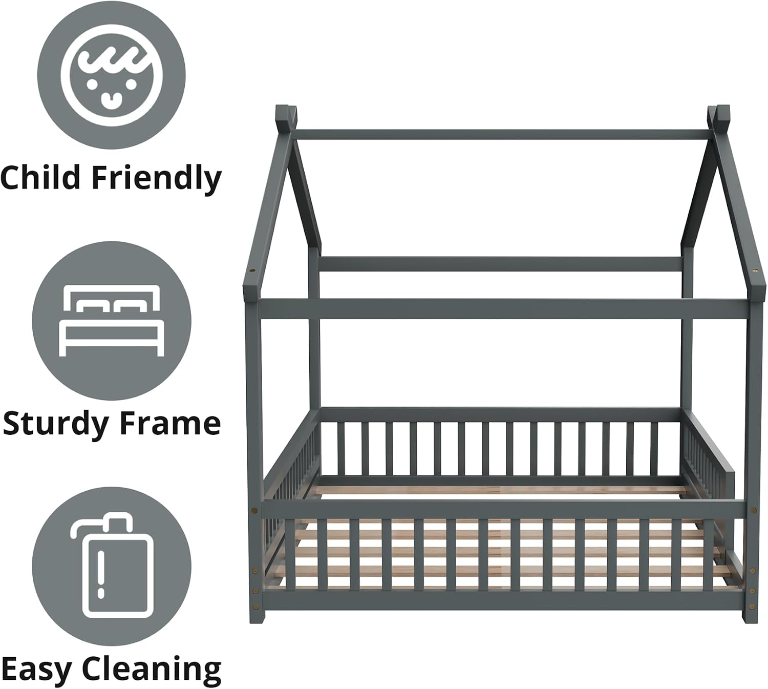 LLS Full Size House Bed with Fence, Wooden Montessori Bed with Slats Support, Floor Bed Frame for Boys Girls Bedroom, Gray