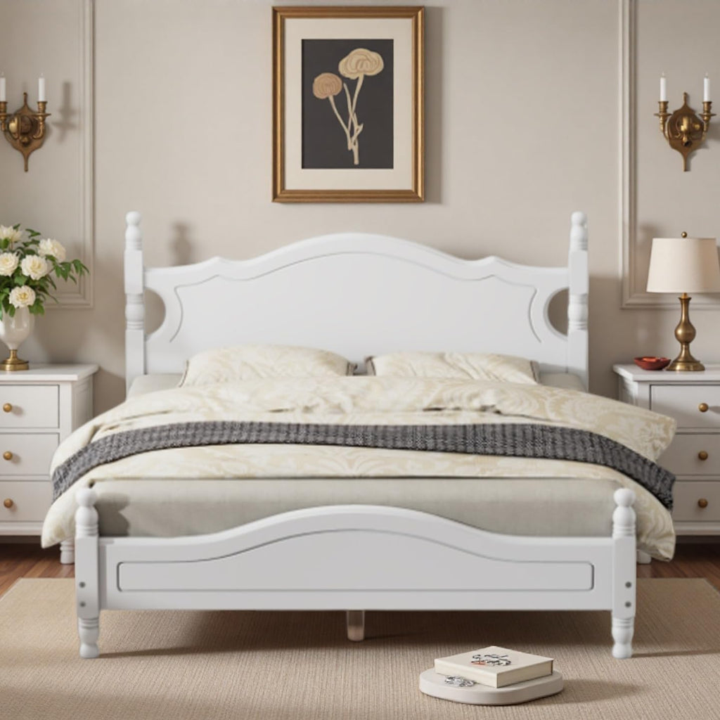LUMISOL Vintage Full Size Spindle Bed Frame with Headboard, Mid-Century Platform Bed with Wood Slat Support for Bedroom, No Box Spring Needed, White