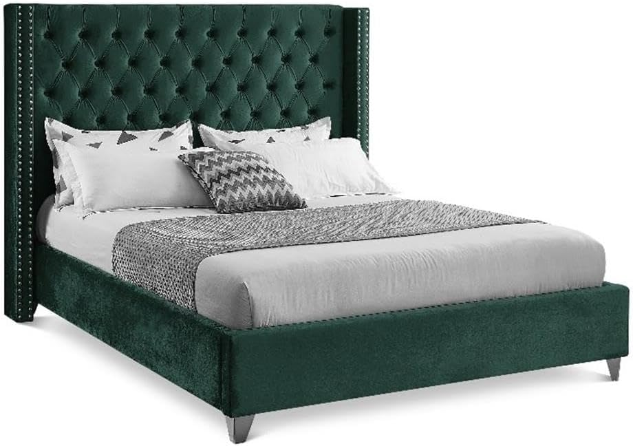 Meridian Furniture Aiden Collection Modern | Contemporary Velvet Upholstered Bed with Deep Button Tufting, Solid Wood Frame, and Custom Chrome Legs, Full, Green