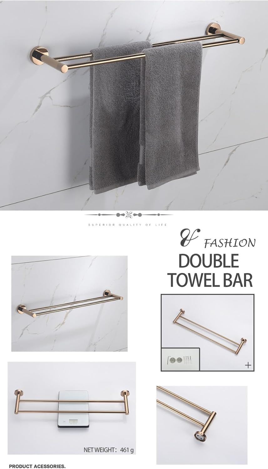 Rose Gold Bathroom Accessories Double Towel Bar Towel Ring Clothes Hook Bathroom Hardware Set,4 Pieces Set