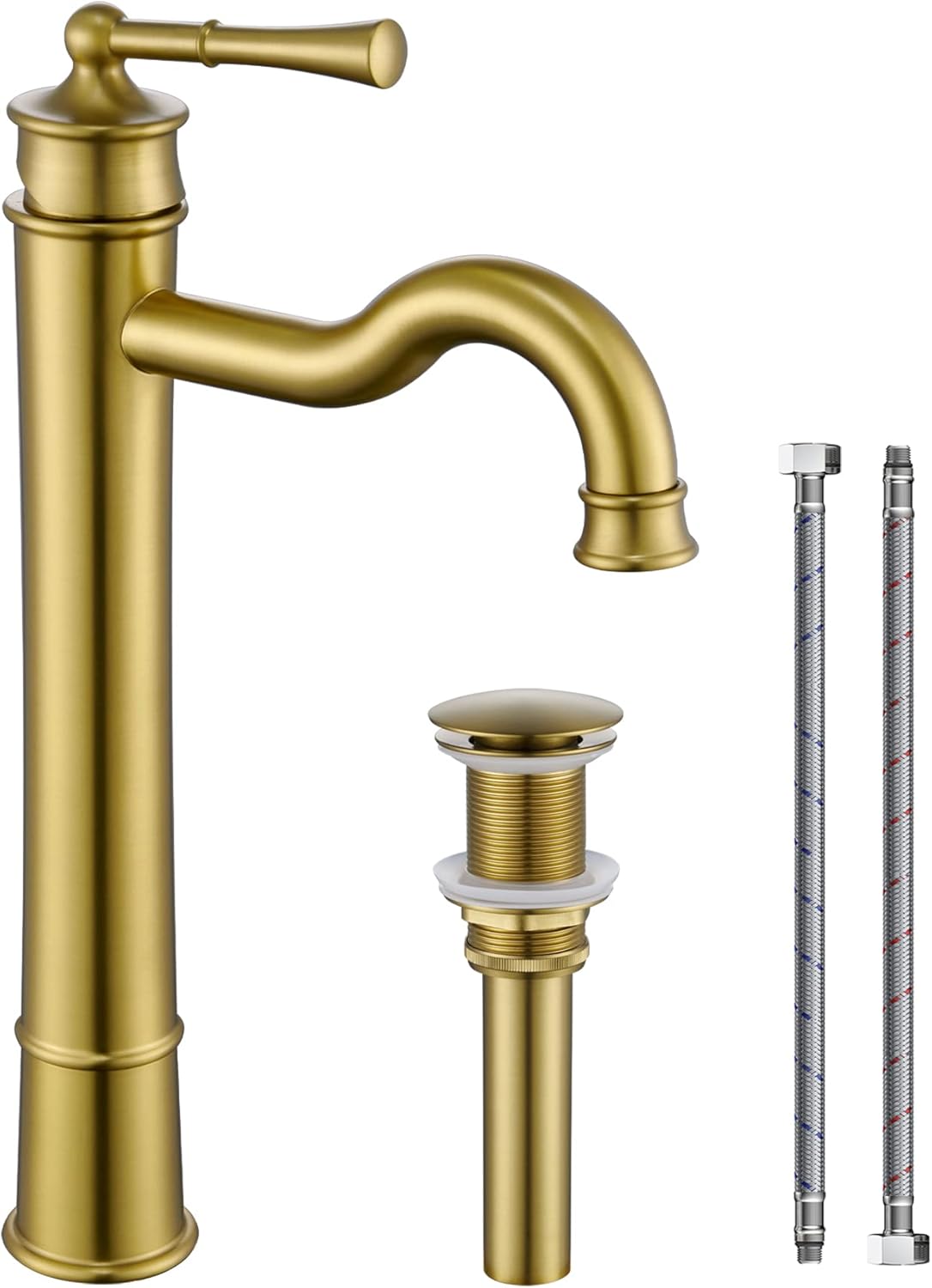 Vessel Sink Faucet Brushed Gold Bathroom Tall Faucet Single Hole Deck-Mount Pop up Drain Assembly Without Overflow Water Supply Lines Included