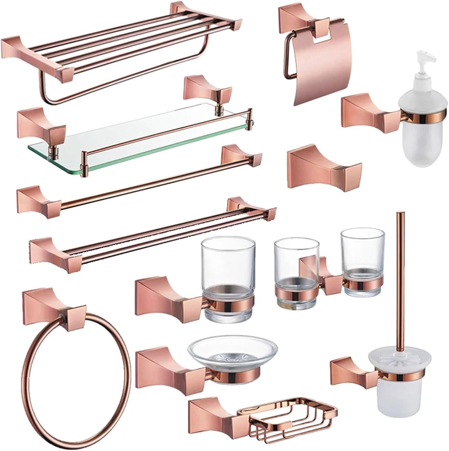 Square Paper Holder Robe Hook Towel Bar Ring Glass Rack Soap Holder Toilet Holder Tumbler Rose Gold Bathroom Accessories(Glass Shelf)