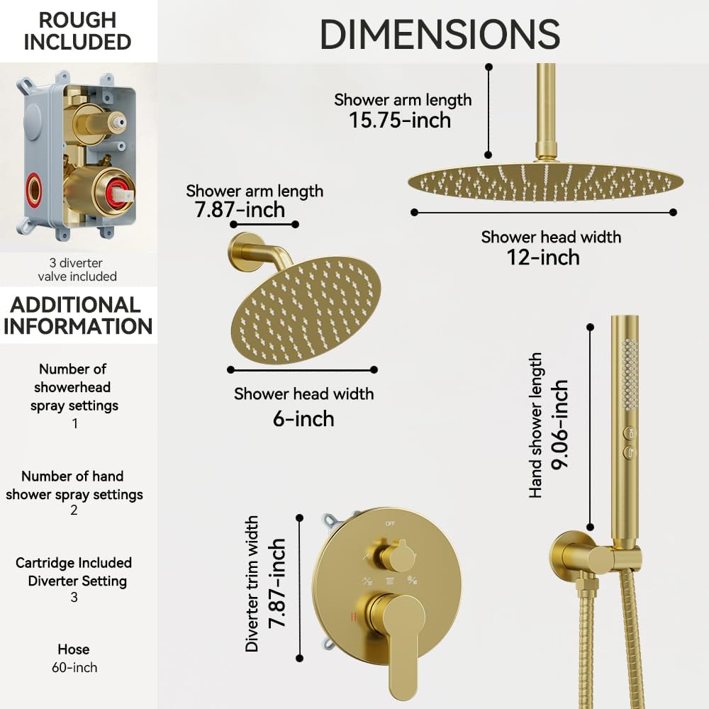 Shower Systems Shower Faucet Sets STARBATH 3 Way 12+6' Round Dual Rainfall Shower Head with Handheld Spray Combo, Ceiling Mounted Rain Shower Valve with 5 Diverter and Trim Kit Complete, Brushed Gold