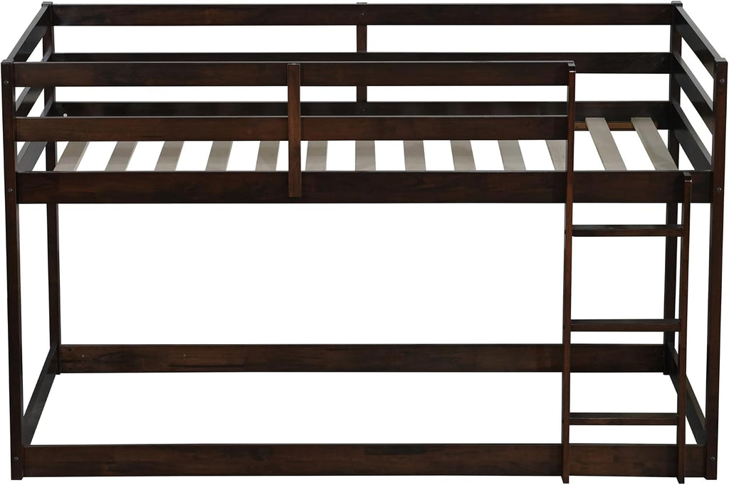 Bunk Bed Twin Over Twin, Floor Bunk Bed w Ladder, Safety Guard Rails, Heavy Duty Wooden Twin Bunk Beds Low Bunkbeds No Box Spring Required, Espresso