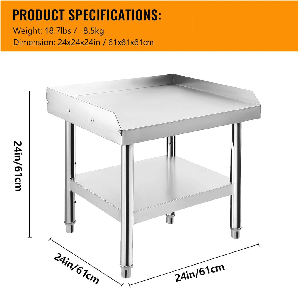 GarveeTech Stainless Steel 24x24x24 in Equipment Grill Stand Table, 1000 LBS Top Shelf, 220 LBS Bottom Shelf, Adjustable Legs, 2 in Edge Baffle, for Hotel, Home, Commercial Restaurant Kitchen