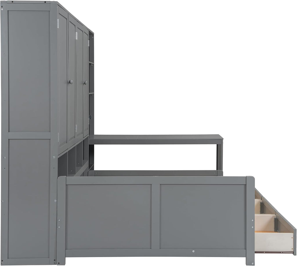 KLMM Full Size Wooden Daybed with Three Drawers and All-in-One Cabinet,Desk and Shelves,for Living Room Bedroom Use (Gray#Shelves, Full)