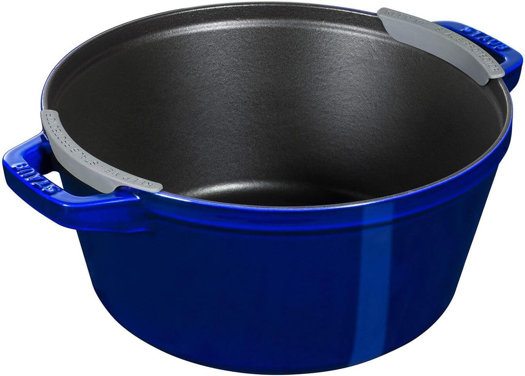 STAUB Cast Iron Set 4-pc, Stackable Space-Saving Cookware Set, Dutch Oven with Universal Lid, Made in France, Dark Blue