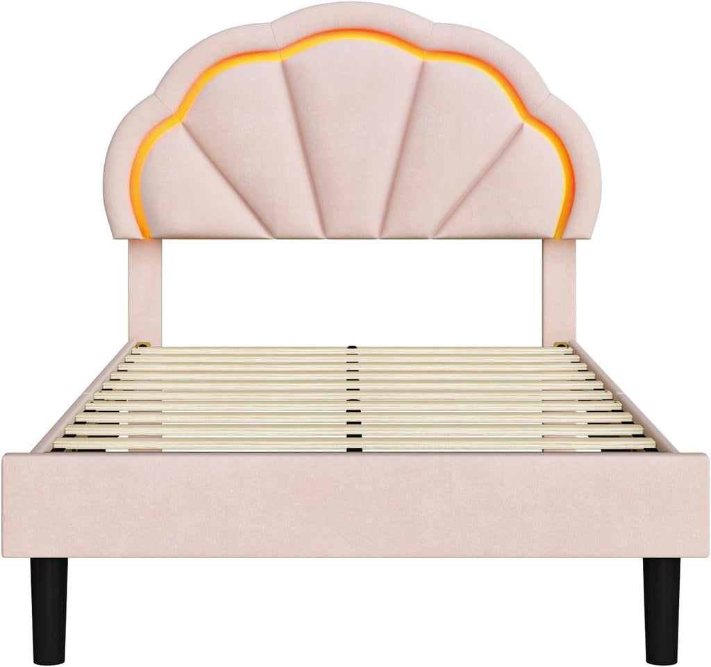 HIFIT Twin Upholstered Smart LED Bed Frame with Adjustable Chic Petal Headboard, Princess Twin Size Platform Bed Frames for Kids/Girls, Wooden Slat Support, No Box Spring Needed, Easy Assembly, Pink