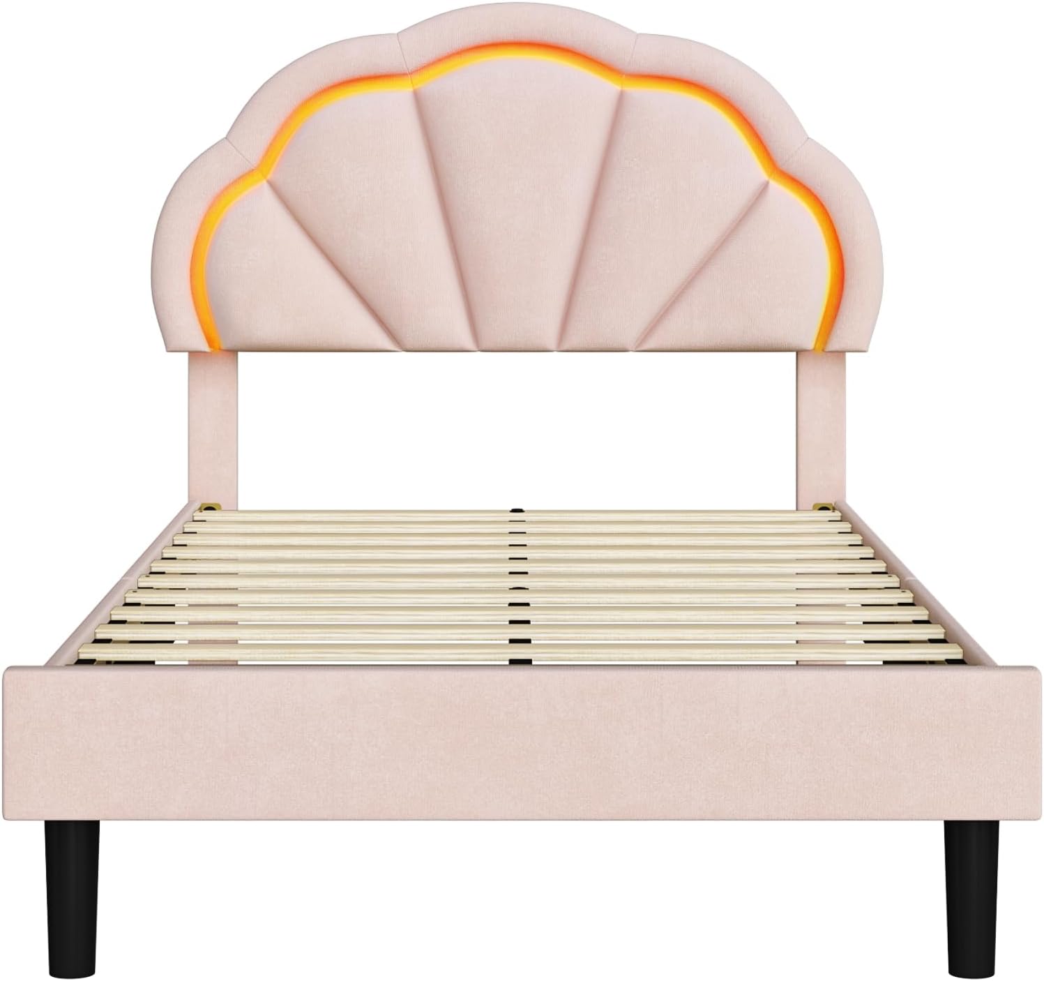 HIFIT Twin Upholstered Smart LED Bed Frame with Adjustable Chic Petal Headboard, Princess Twin Size Platform Bed Frames for Kids/Girls, Wooden Slat Support, No Box Spring Needed, Easy Assembly, Pink