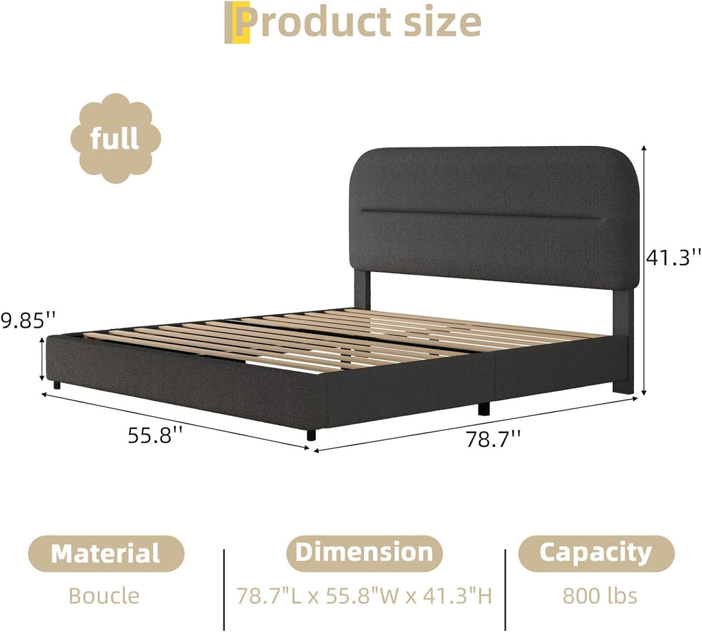 HOMBCK Full Size Boucle Bed Frame, Soft Upholstered Bed Frame with Headboard, Thickened Footboard, Rounded Corners, No Box Spring Needed, Easy Assembly, Grey