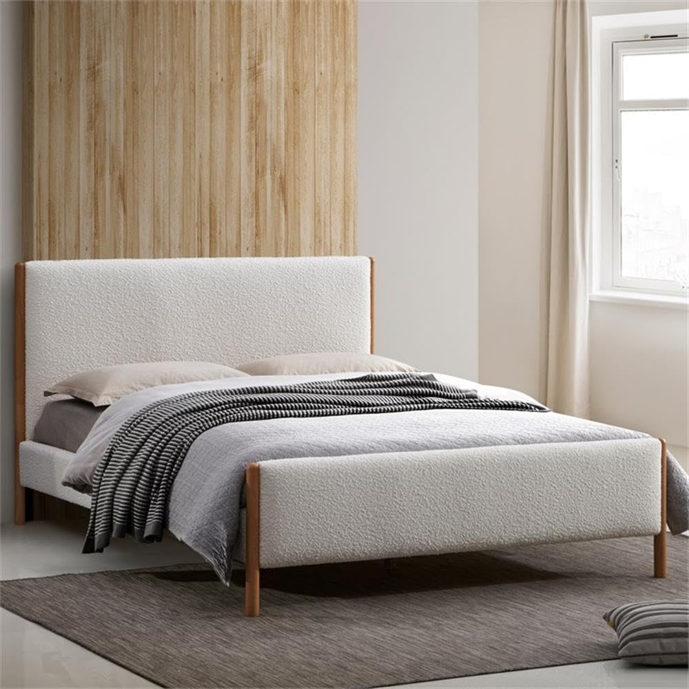 Liana Modern Style Upholstered Platform Bed with Soft Boucle Fabric and Solid Wood Legs - Box Spring Not Required - White Boucle, Queen Size