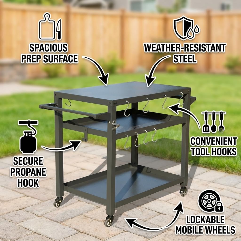 3-Shelf Outdoor Grill Table, Grill Cart with Wheels, Heavy-Duty Steel Food Prep Station with Propane Tank Hook for Blackstone Griddle, Pizza Oven Stand and BBQ Grill Cart for Backyard Cooking