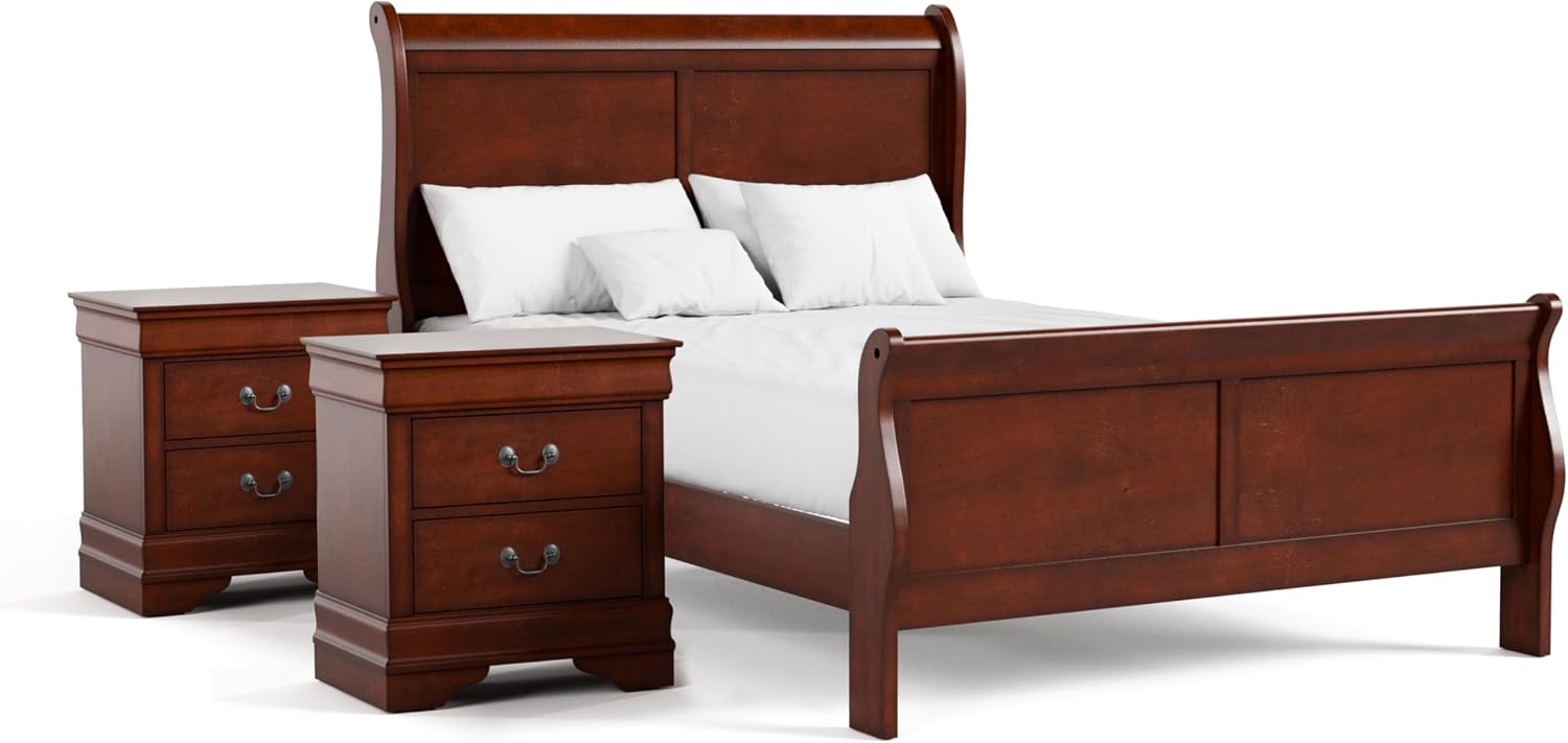 Furniture of America Arabella Traditional Solid Wood 3 Piece Bedroom Set, Full Bed Frame and Nightstands Set of 2, Chic Sleigh Design Bedframe with Headboard and Footboard, Box Spring Needed, Cherry