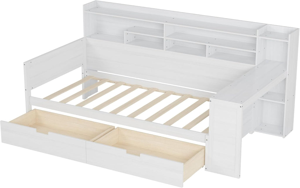 Twin Size Daybed with Desk,Storage Drawers and Shelves, Pine Wood Captains Bed Frame with Bookcase and Headboard for Kids Boys Girls Teens, Antique White