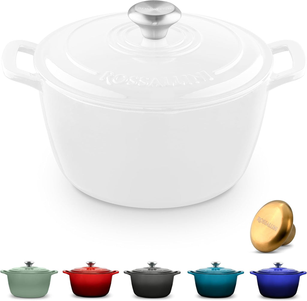 ROSSALLINI Signature Enameled Cast Iron Dutch Oven, Non-Stick Serving Pot with Tight Fitting Lid for Perfect Roasting, Baking, Sauteing, and Bread Making | 3.5Q (3.3L) - White
