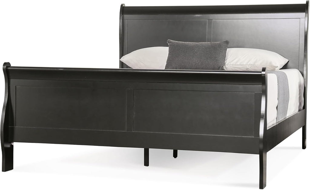 Furniture of America Louis Philippe Traditional Wood Bed Frame with Headboard and Footboard, Elegant Sleigh Design Bedframe for Bedroom, Guest Room, Easy Assembly, Box Spring Required, Queen, Black