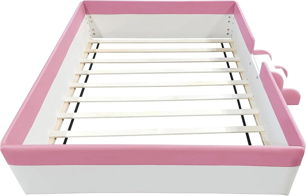 VilroCaz Full Size Upholstered Daybed Frame with Fence and Stairs, Montessori Kids Floor Bed with Sturdy Slat Support for Kids Boys Girls