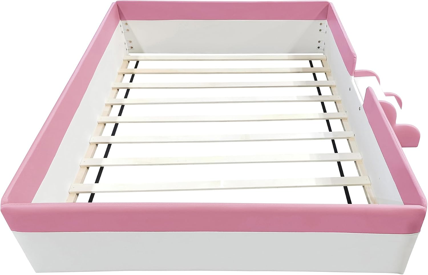 VilroCaz Full Size Upholstered Daybed Frame with Fence and Stairs, Montessori Kids Floor Bed with Sturdy Slat Support for Kids Boys Girls