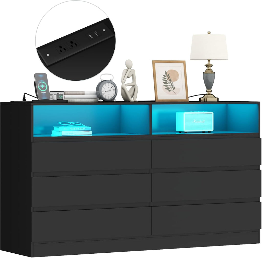 Gyfimoie 6 Drawer Double Dresser with Power Outlet, Accent Chests of Drawers with LED Light, Modern White Storage Dresser with Charging Station (Mirror Not Included)