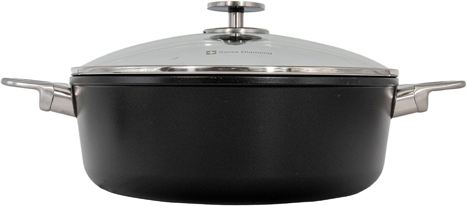 Swiss Diamond Nonstick Hybrid Ceramic and Diamond-Infused Braiser With Glass Lid, Dou Ceramic, Dishwasher & Oven Safe Up To 500 °F (5.3 Quart)