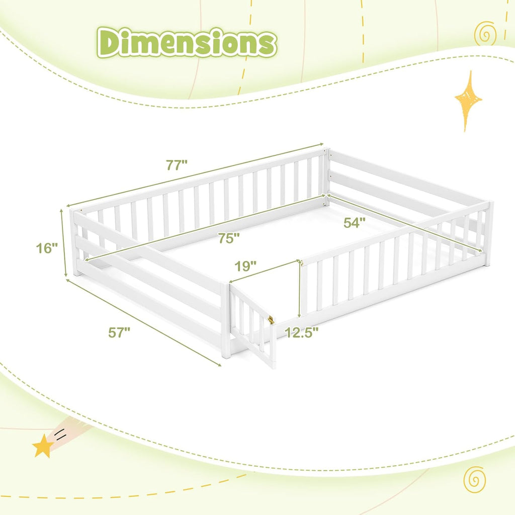 KOMFOTT Full Size Wood Floor Bed with Door & Fence, Montessori Bed Frame with Full Length Safety Guardrails, Door & Latch, Wooden Montessori Floor Bed for Kids, Girls, Boys (Full,White)