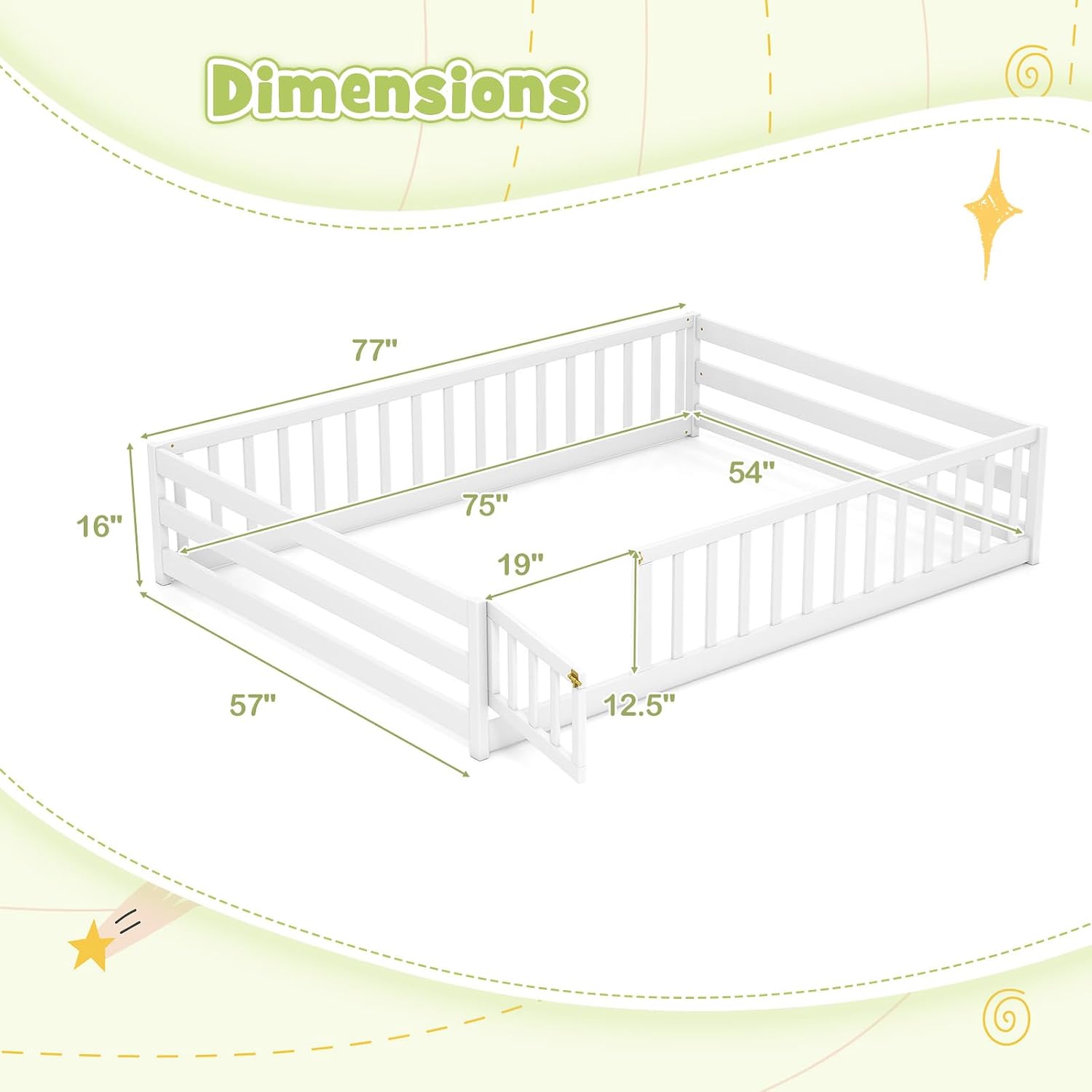 KOMFOTT Full Size Wood Floor Bed with Door & Fence, Montessori Bed Frame with Full Length Safety Guardrails, Door & Latch, Wooden Montessori Floor Bed for Kids, Girls, Boys (Full,White)