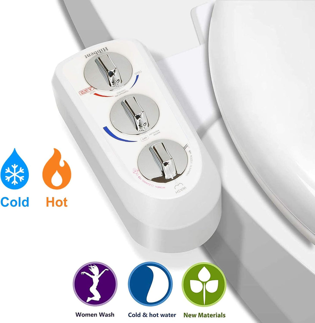 Hibbent Premium One Click Elongated Toilet Seat with Bidet Self Cleaning Dual Nozzle, Hot and Cold Water Spray, Non-Electric Mechanical Bidet