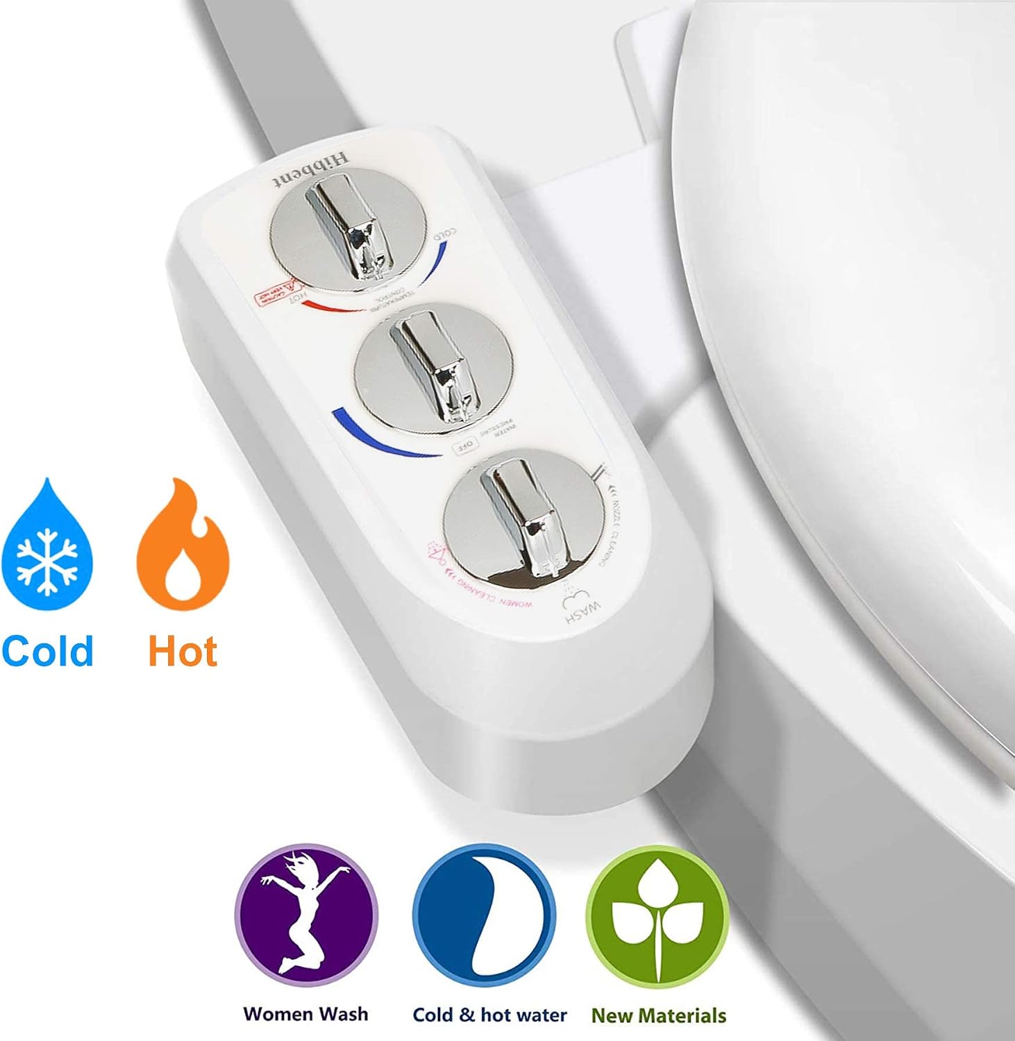 Hibbent Premium One Click Elongated Toilet Seat with Bidet Self Cleaning Dual Nozzle, Hot and Cold Water Spray, Non-Electric Mechanical Bidet