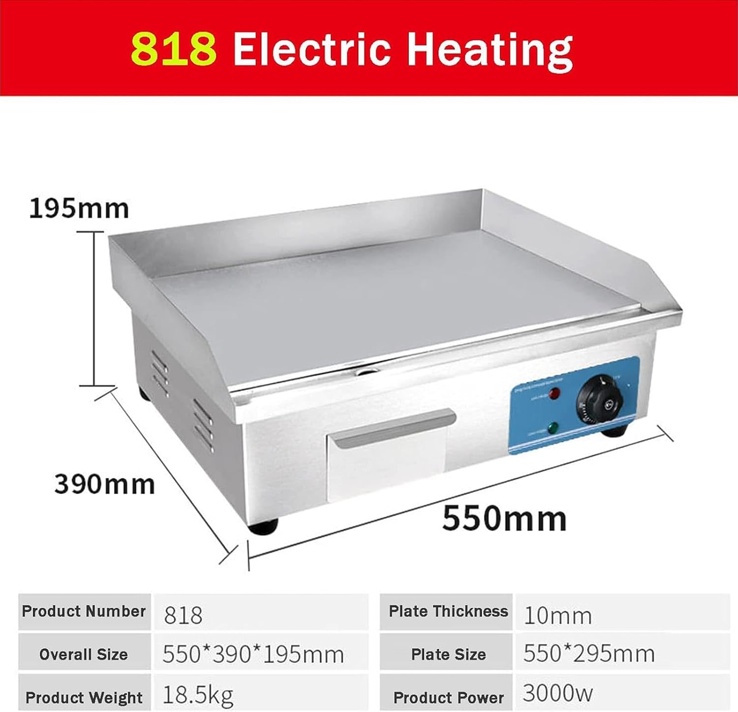 Electric Countertop Griddle Flat Top Grill Hot Plate BBQ Commercial Grill with Large Cooking Surface & Adjustable Temperature Control (818)