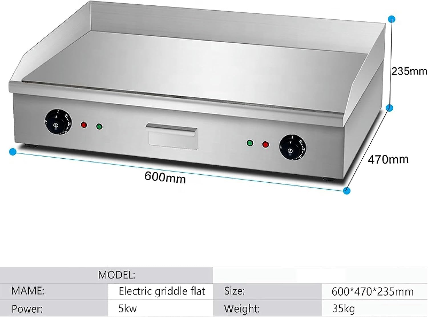Commercial Flat Top Electric Griddle, Dual Control Stainless Steel Countertop Grill Teppanyaki Griddle with Adjustable Temp Control from 50°c to 300°c