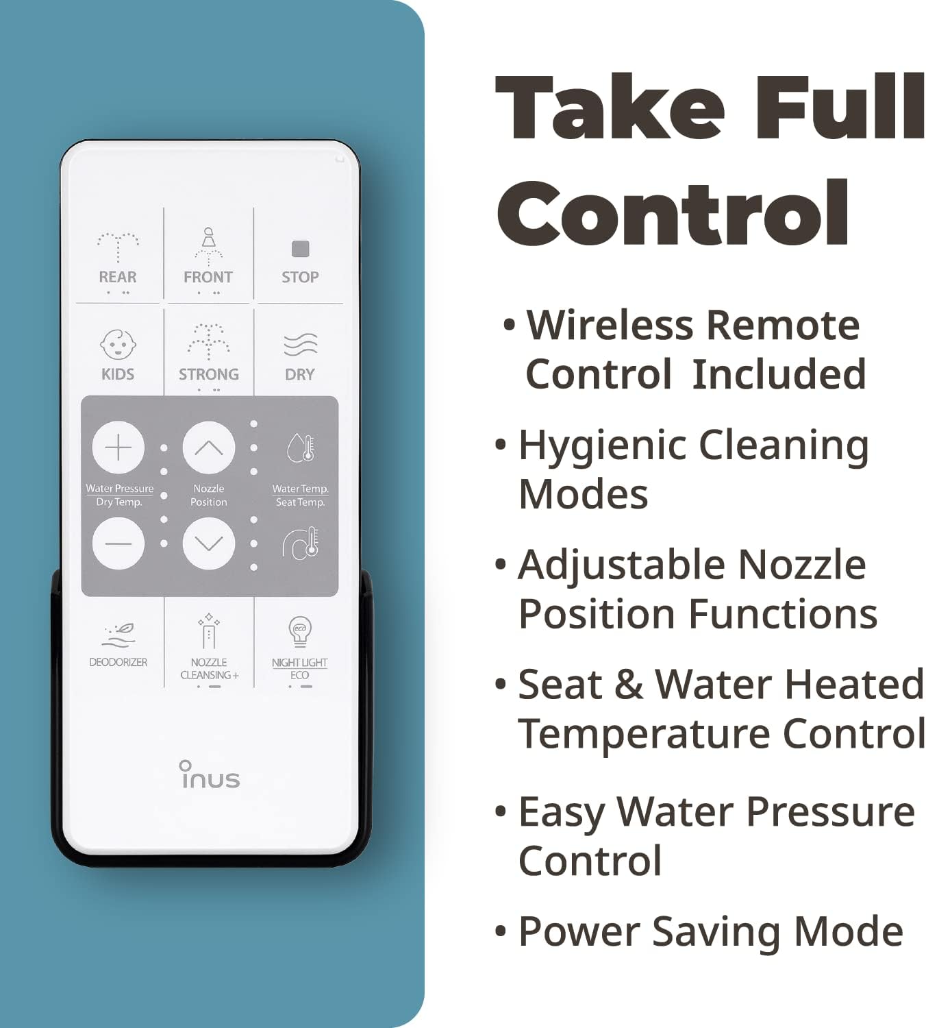 Inus R52 Korean Electric Bidet Toilet Seat, Deodorizer, Cleansing+, Wand Cleaning Heated Seat, Eco Mode, Tankless, Remote Control, Smart Home, Water & Seat Temperature Control, Elongated, White