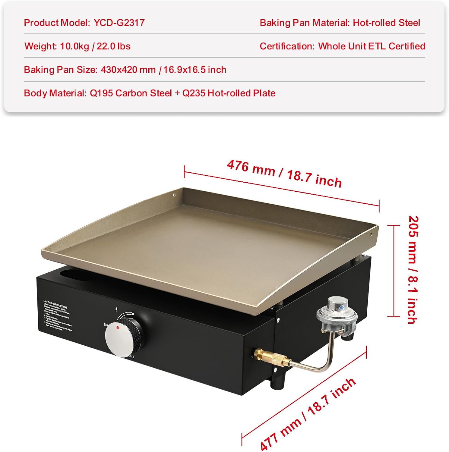 Happybuy Griddle, 16.9' Heavy Duty Manual Flat Top Griddle, Countertop Gas Grill with Non-Stick Cooking Plate, Propane Gas, 2-Burners