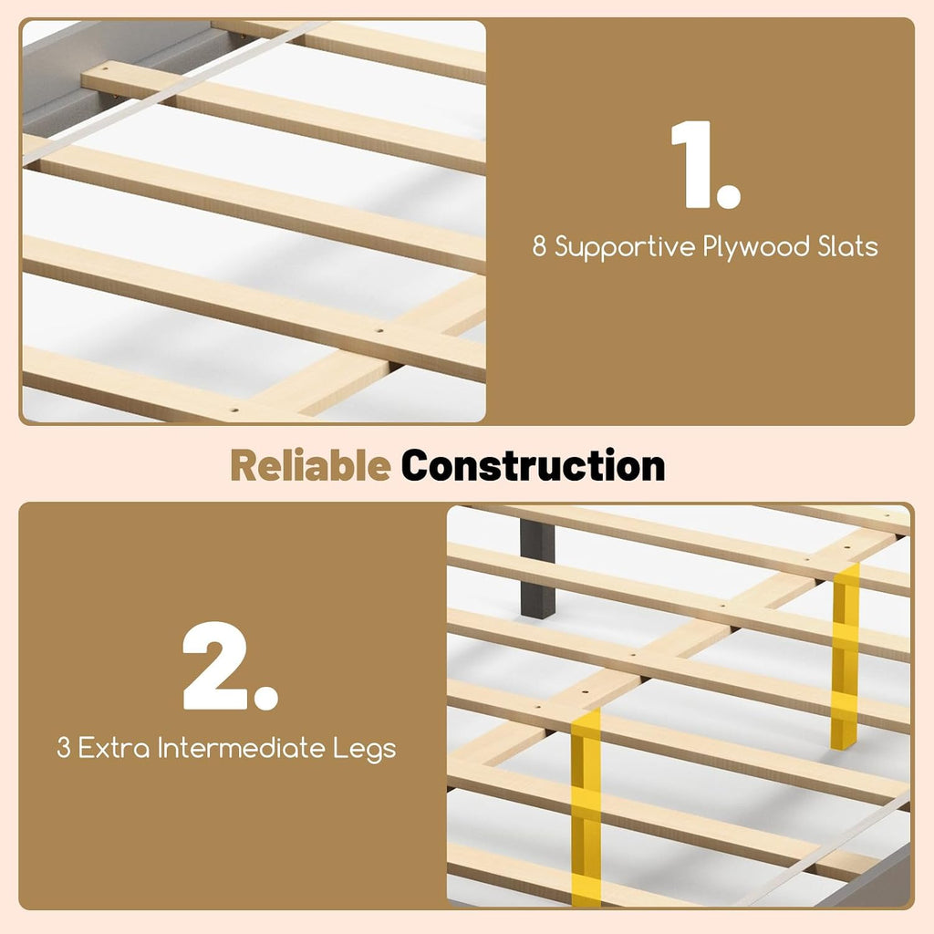 GOFLAME Full Size Bed Frame with 2 Drawers, Platform Bed with Solid Wood Headboard & Footboard, Wood Slats Support Mattress Foundation, Under Bed Storage, No Box Spring Needed, Easy Assembly, Grey