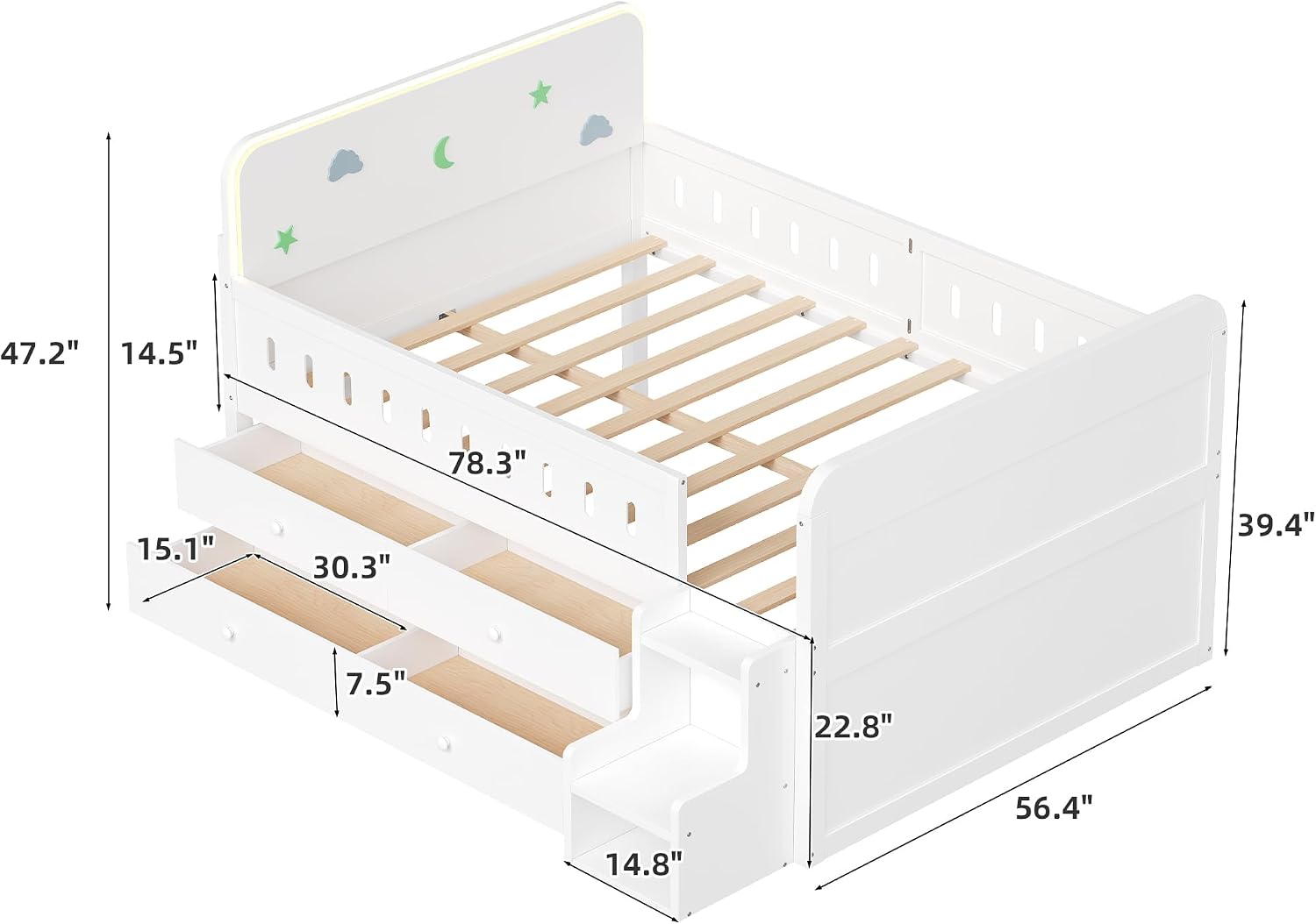 VilroCaz Full Size Platform Bed with Guardrail and 4 Drawers, Wooden Kids Platform Bed Frame with Two-Step Staircases and Light Strip for Boys Girls, Sturdy Slats Support (White-11A)