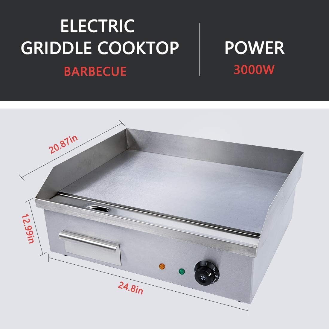 Electric Griddle 22' Countertop Griddle Non-Stick Stainless Steel Flat Top Grill for BBQ Teppanyaki Cooking with Adjustable Temperature Control 122°F-572°F